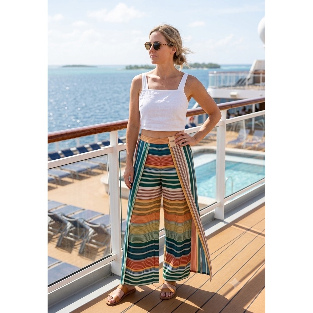 Maree Pour Toi Multi Color Striped Open Freestyle Leg Wide Pants Green‎ Pink 12
